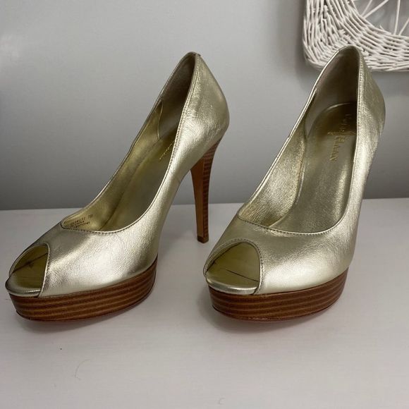 Cole Haan Gold Peep Toe Heels - Picture 2 of 4